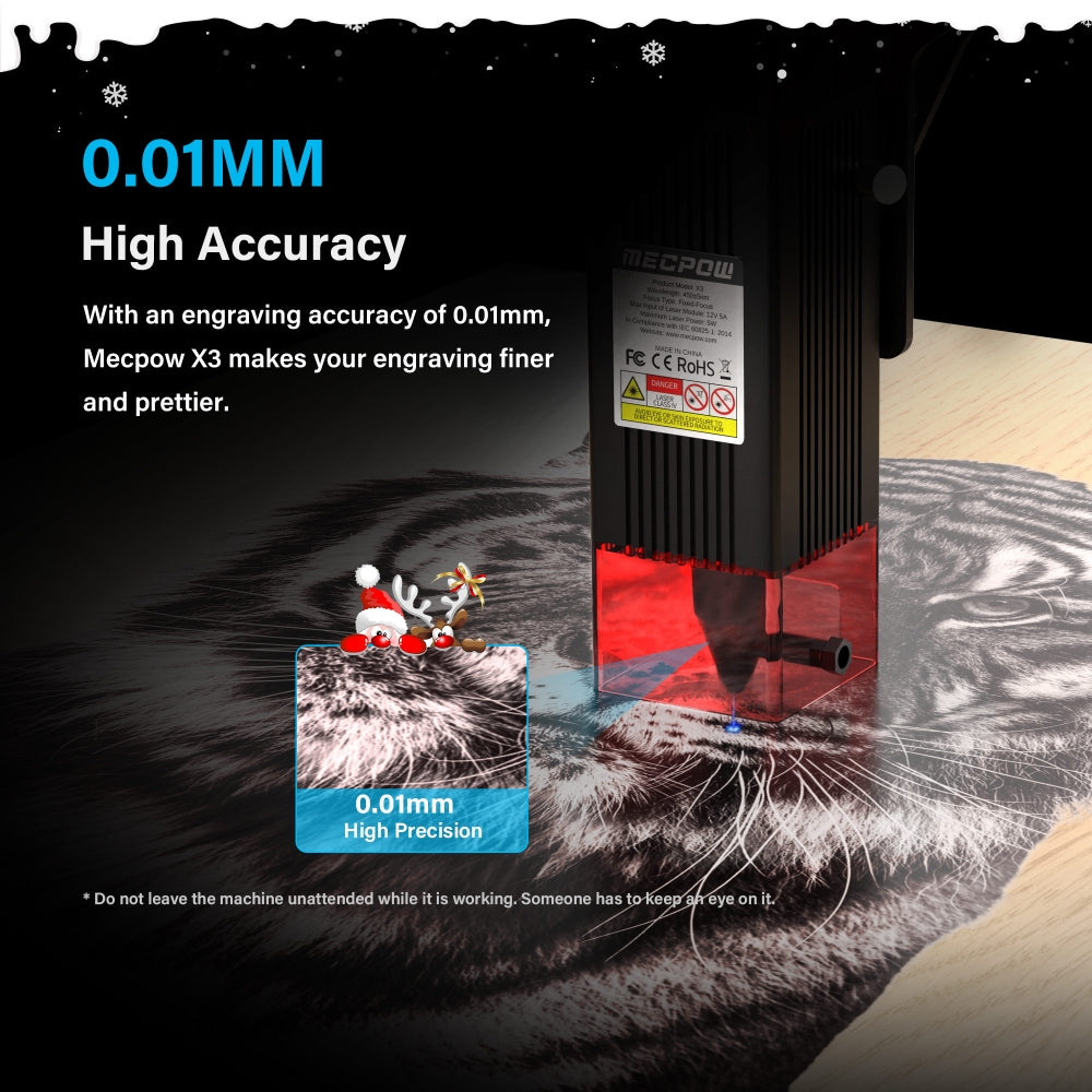 Grabador láser Mecpow X3, potencia láser de 5 W, enfoque fijo, precisión de 0,01 mm, velocidad de grabado de 10000 mm/min, bloqueo de seguridad, parada de emergencia, detección de llama, sensor giroscópico, 410x400 mm - Enchufe UE