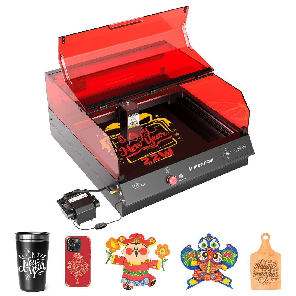 Mecpow X4 Pro 22W FDA Class 1 Laser Engraving Machine, Built-in Camera, 22000mm/min Speed, 0.08x0.1mm Laser Spot, Emergency Stop, Offline Work, Protective Cover &amp; Integrated Air Assist, Support LightBurn/ LaserGRBL/ MKSLaser, 410*400mm