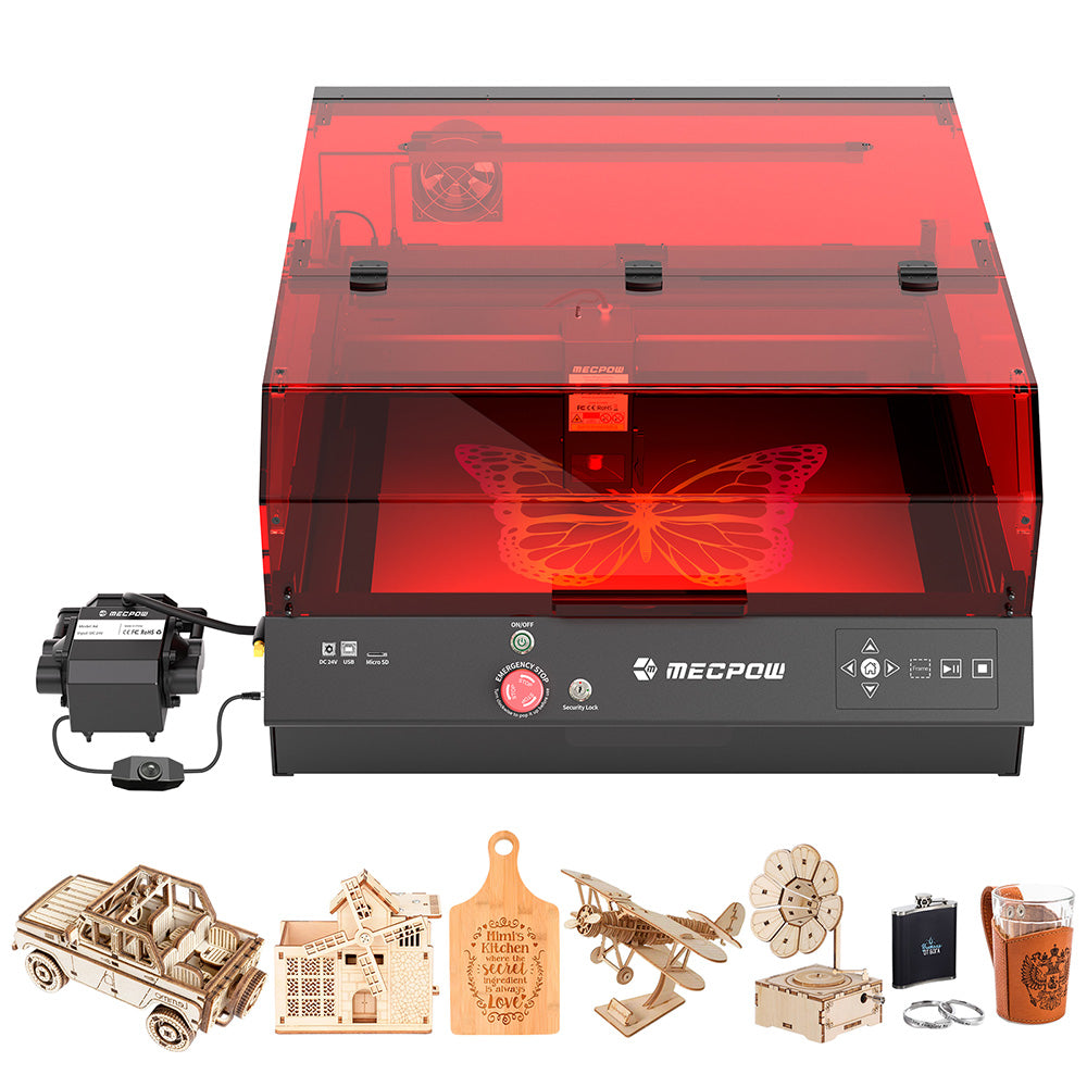 Mecpow X4 Pro 22W FDA Class 1 Laser Engraving Machine, Built-in Camera, 22000mm/min Speed, 0.08x0.1mm Laser Spot, Emergency Stop, Offline Work, Protective Cover &amp; Integrated Air Assist, Support LightBurn/ LaserGRBL/ MKSLaser, 410*400mm