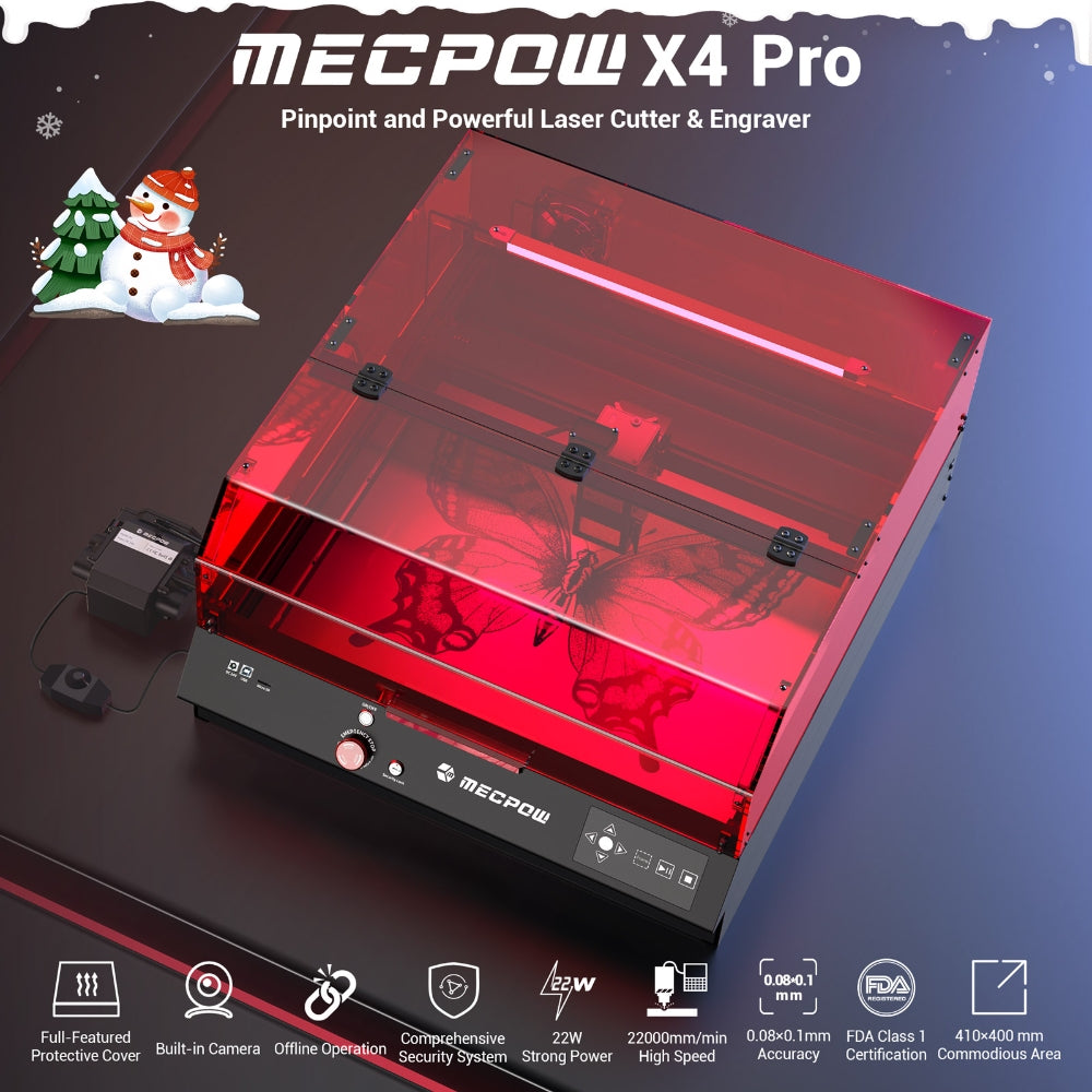 Grabador y cortador láser Mecpow X4 Pro de 22 W, con cubierta protectora y asistencia de aire integrada, punto láser de 0,08 x 0,1 mm, velocidad de grabado de 22000 mm/min, parada de emergencia, funcionamiento sin conexión, compatible con LightBurn/LaserGRBL/MKSLaser, 410 x 400 mm.