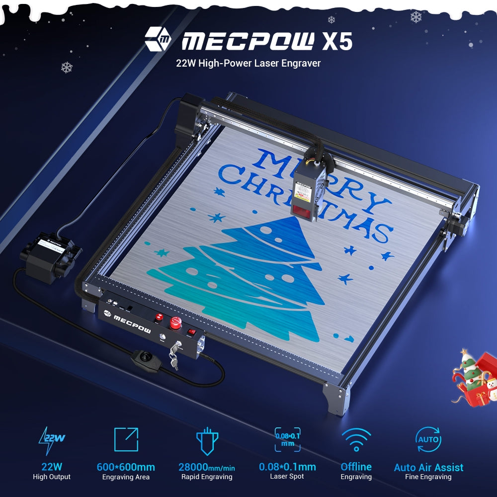 Grabador y cortador láser Mecpow X5, potencia láser de 22 W, asistencia de aire automática, punto láser de 0,08 x 0,1 mm, velocidad de grabado de 28000 mm/min, bloqueo de seguridad, parada de emergencia, detección de llama, grabado sin conexión, 600 x 600 mm.