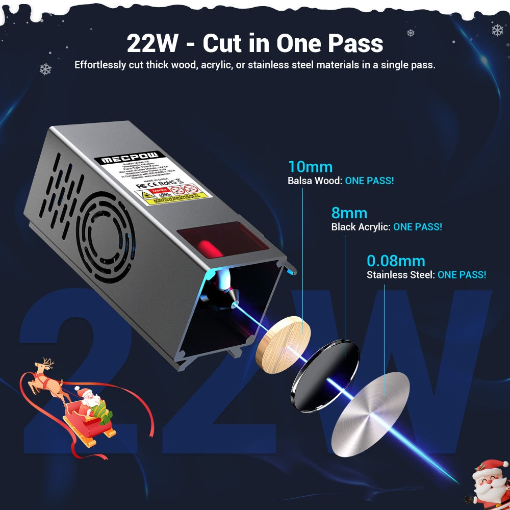 Grabador y cortador láser Mecpow X5, potencia láser de 22 W, asistencia de aire automática, punto láser de 0,08 x 0,1 mm, velocidad de grabado de 28000 mm/min, bloqueo de seguridad, parada de emergencia, detección de llama, grabado sin conexión, 600 x 600 mm.