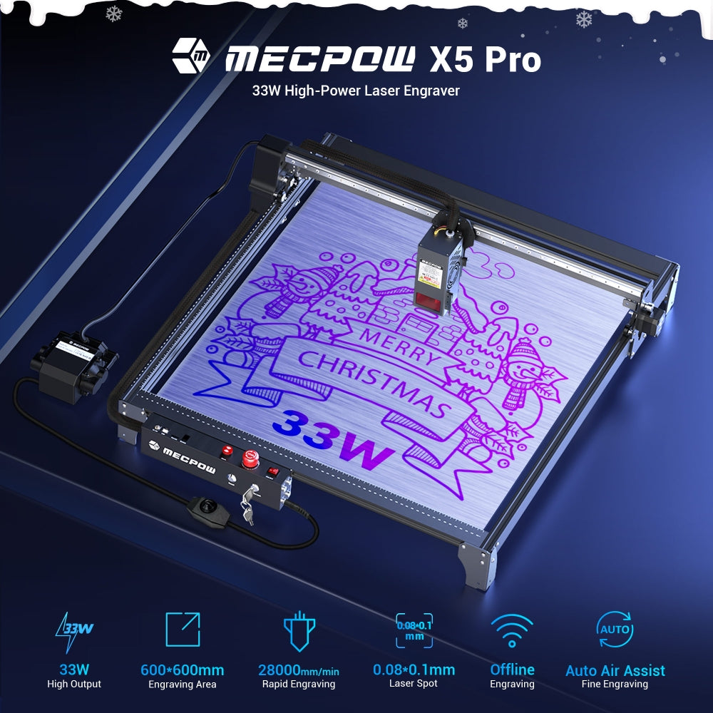 Grabador y cortador láser Mecpow X5 Pro, potencia láser de 33 W, asistencia de aire automática, punto láser de 0,08 x 0,1 mm, velocidad de grabado de 28000 mm/min, bloqueo de seguridad, parada de emergencia, detección de llama, grabado sin conexión, 600 x 600 mm.
