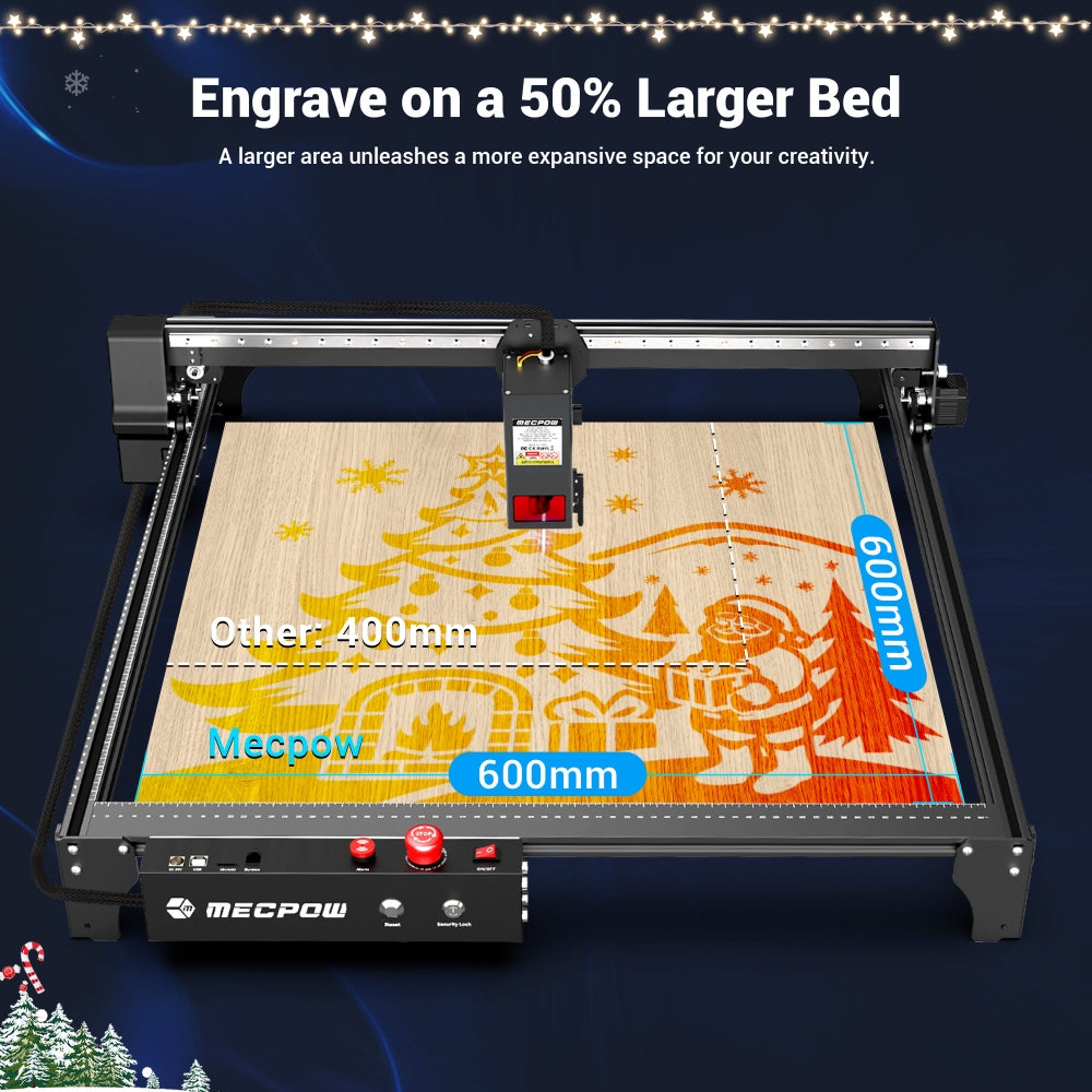 Grabador y cortador láser Mecpow X5 Pro, potencia láser de 33 W, asistencia de aire automática, punto láser de 0,08 x 0,1 mm, velocidad de grabado de 28000 mm/min, bloqueo de seguridad, parada de emergencia, detección de llama, grabado sin conexión, 600 x 600 mm.