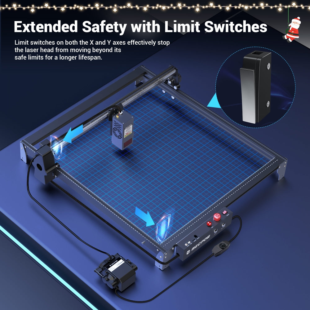 Grabador y cortador láser Mecpow X5 Pro, potencia láser de 33 W, asistencia de aire automática, punto láser de 0,08 x 0,1 mm, velocidad de grabado de 28000 mm/min, bloqueo de seguridad, parada de emergencia, detección de llama, grabado sin conexión, 600 x 600 mm.