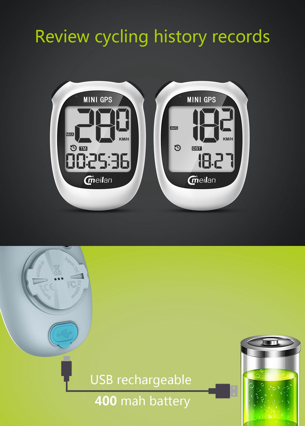 Computadora para bicicleta GPS Meilan M3 Mini, velocímetro y odómetro impermeables, pantalla monocromática de 1.6 pulgadas - Blanco