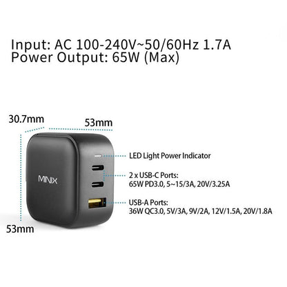 MINIX P1 GaN Quick Charger 65W Max Output, 1*USB-A, 2*USB-C Ports