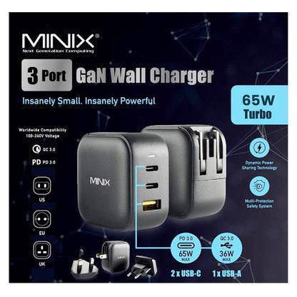 MINIX P1 GaN Quick Charger 65W Max Output, 1*USB-A, 2*USB-C Ports