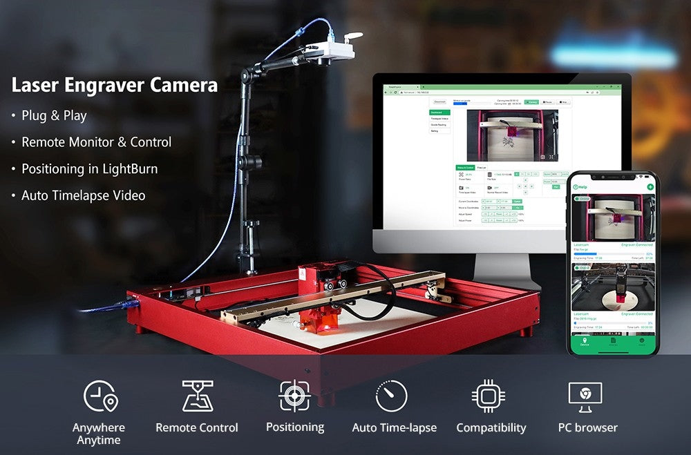 Cámara grabadora láser Mintion Lasercam, resolución de vídeo 1080P, posicionamiento en LightBurn, control remoto WiFi, vídeo time-lapse automático, detección de incendios, versión nocturna, compatible con navegador de PC.