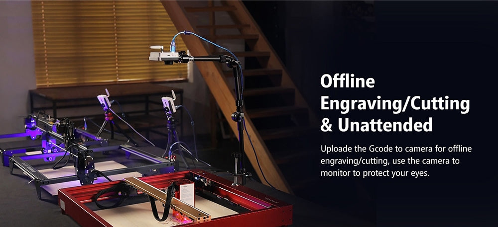 Cámara grabadora láser Mintion Lasercam, resolución de vídeo 1080P, posicionamiento en LightBurn, control remoto WiFi, vídeo time-lapse automático, detección de incendios, versión nocturna, compatible con navegador de PC.