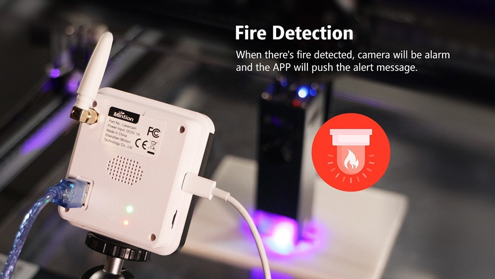 Cámara grabadora láser Mintion Lasercam, resolución de vídeo 1080P, posicionamiento en LightBurn, control remoto WiFi, vídeo time-lapse automático, detección de incendios, versión nocturna, compatible con navegador de PC.