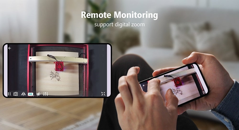 Cámara grabadora láser Mintion Lasercam, resolución de vídeo 1080P, posicionamiento en LightBurn, control remoto WiFi, vídeo time-lapse automático, detección de incendios, versión nocturna, compatible con navegador de PC.
