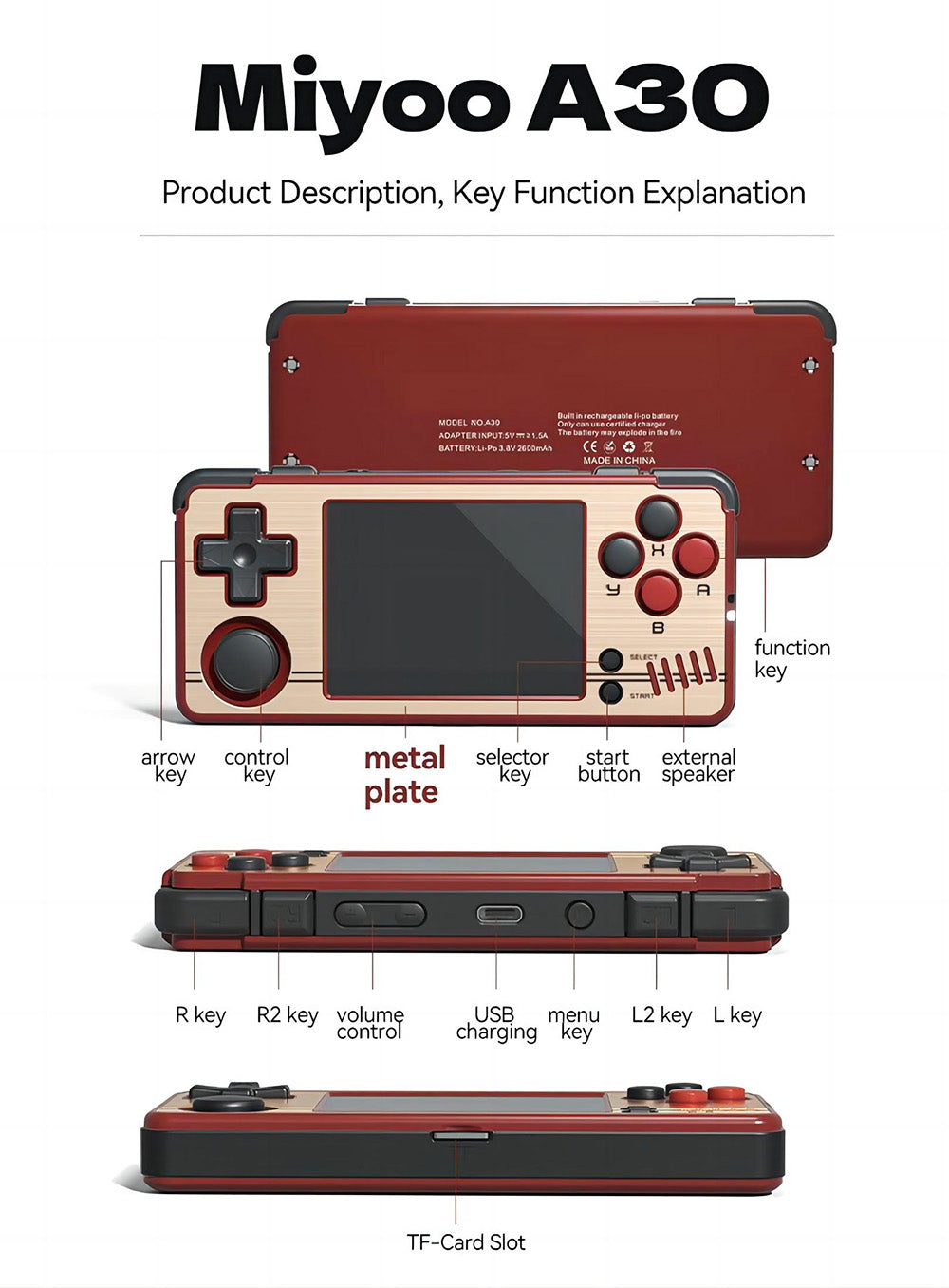 MIYOO A30 Game Console 64GB, 2.8-inch IPS Screen, 2600mAh Battery, Linux System, 2.4G WiFi - Red Golden