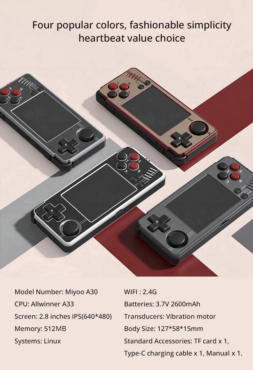MIYOO A30 64GB Retro Game Console, 2.8-inch IPS Screen, 5H Battery Life, Linux System, 2.4G WiFi - Red Golden