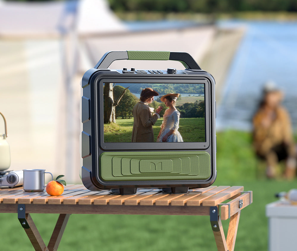 Altavoz Bluetooth Monster Vmay con TV LCD integrada, pantalla Full HD de 15,6”, audio de 60 W, 8 horas de reproducción de vídeo, 25 horas de reproducción de audio.