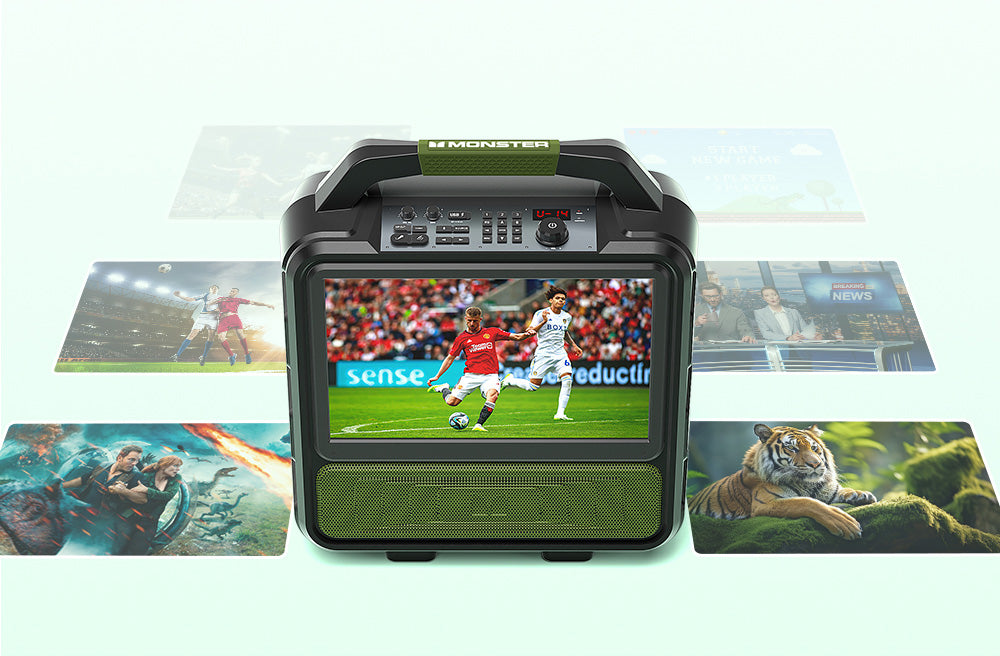 Altavoz Bluetooth Monster Vmay con TV LCD integrada, pantalla Full HD de 15,6”, audio de 60 W, 8 horas de reproducción de vídeo, 25 horas de reproducción de audio.
