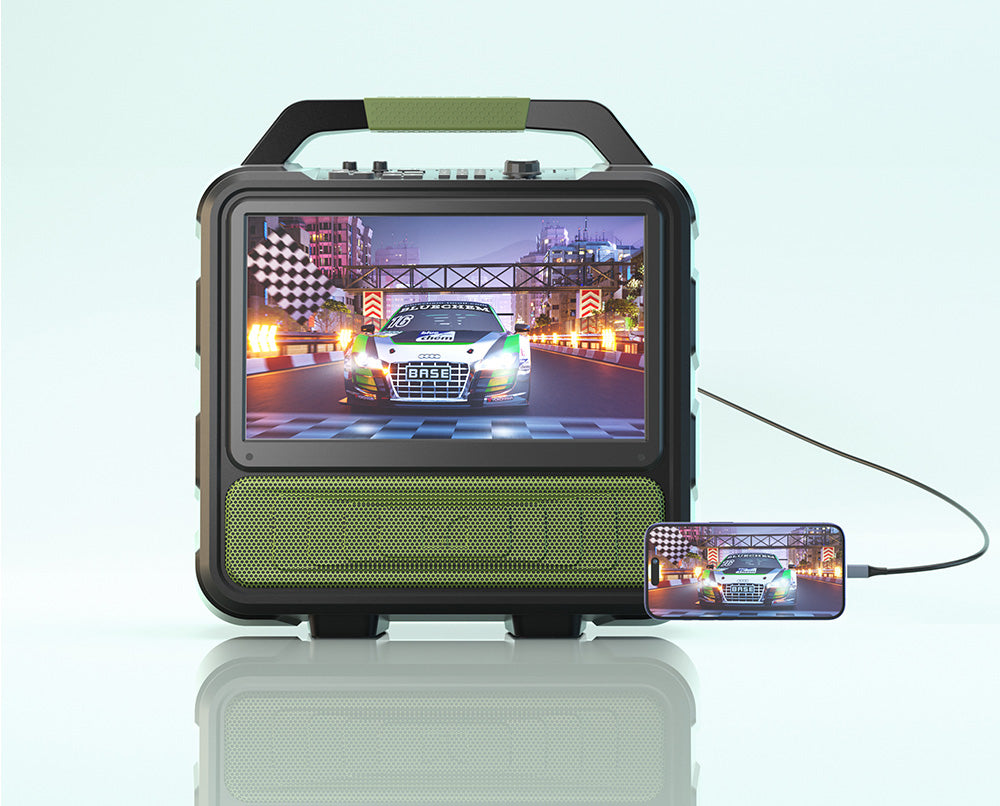 Altavoz Bluetooth Monster Vmay con TV LCD integrada, pantalla Full HD de 15,6”, audio de 60 W, 8 horas de reproducción de vídeo, 25 horas de reproducción de audio.