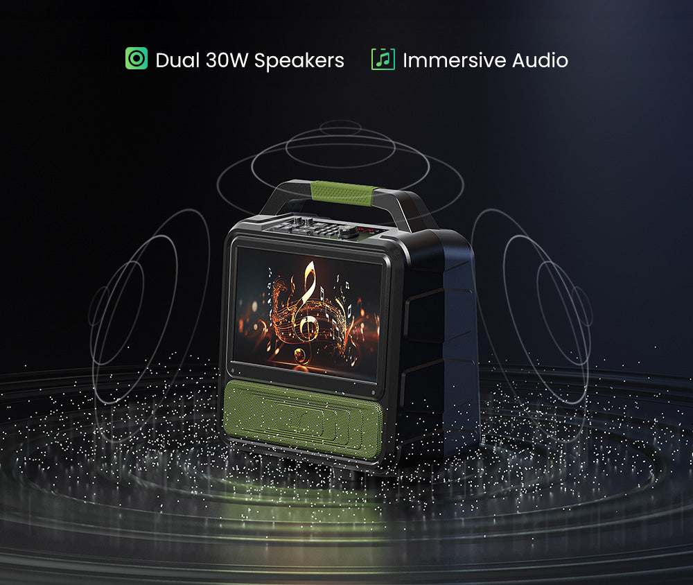 Altavoz Bluetooth Monster Vmay con TV LCD integrada, pantalla Full HD de 15,6”, audio de 60 W, 8 horas de reproducción de vídeo, 25 horas de reproducción de audio.