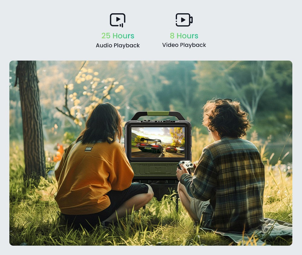 Altavoz Bluetooth Monster Vmay con TV LCD integrada, pantalla Full HD de 15,6”, audio de 60 W, 8 horas de reproducción de vídeo, 25 horas de reproducción de audio.