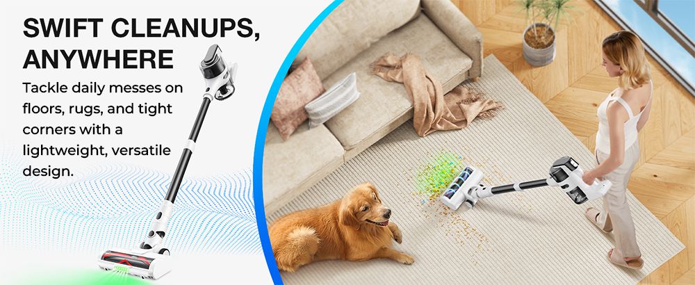Aspiradora escoba sin cable MOOSOO S5 Mate, succión potente de 20 kPa, 55 minutos de autonomía, depósito de polvo de 1 litro, tecnología LED verde, recargable para una limpieza doméstica sin esfuerzo en suelos de madera, alfombras y pelo de mascotas.