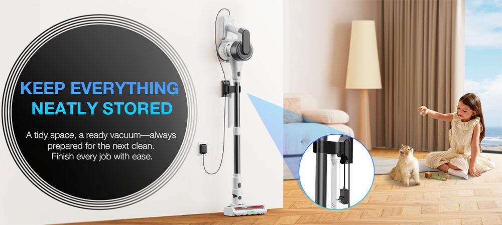 Aspiradora escoba sin cable MOOSOO S5 Mate, succión potente de 20 kPa, 55 minutos de autonomía, depósito de polvo de 1 litro, tecnología LED verde, recargable para una limpieza doméstica sin esfuerzo en suelos de madera, alfombras y pelo de mascotas.