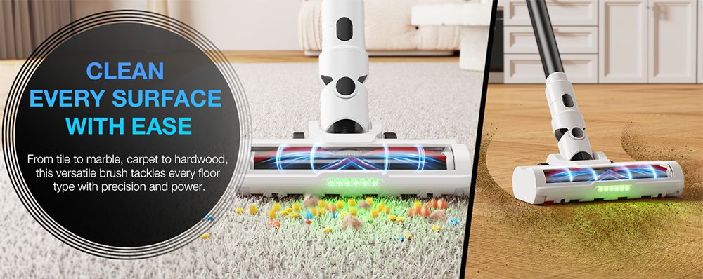 Aspiradora escoba sin cable MOOSOO S5 Mate, succión potente de 20 kPa, 55 minutos de autonomía, depósito de polvo de 1 litro, tecnología LED verde, recargable para una limpieza doméstica sin esfuerzo en suelos de madera, alfombras y pelo de mascotas.