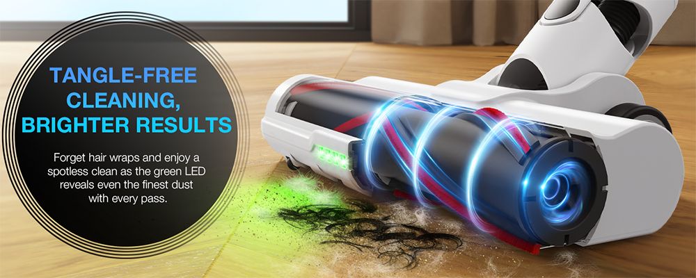 Aspiradora escoba sin cable MOOSOO S5 Mate, succión potente de 20 kPa, 55 minutos de autonomía, depósito de polvo de 1 litro, tecnología LED verde, recargable para una limpieza doméstica sin esfuerzo en suelos de madera, alfombras y pelo de mascotas.