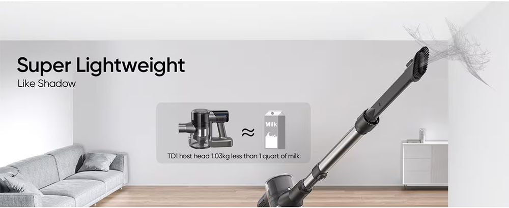 Aspiradora sin cable MOOSOO TD1-Mate, succión de 33 kPa, pantalla LED, 45 minutos de autonomía, motor sin escobillas de 420 W, luz verde, para suelos de madera, alfombras y pelo de mascotas.