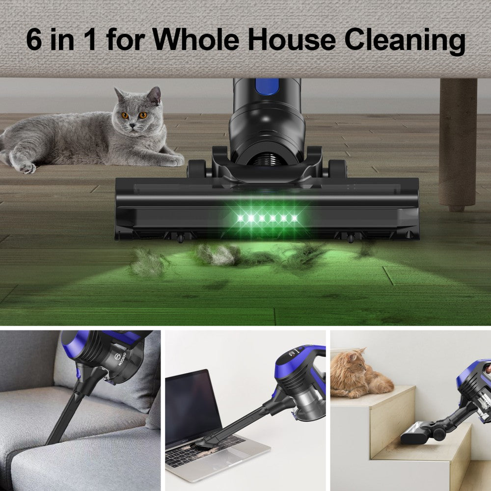 Aspiradora sin cable MOOSOO XC1, succión de 20 kPa, con pantalla LED, autonomía máxima de 45 minutos, aspiradora de varilla de alta succión 6 en 1 con cargador de montaje en pared, para suelos duros, pelo de mascotas, alfombras, uso doméstico y en coche.