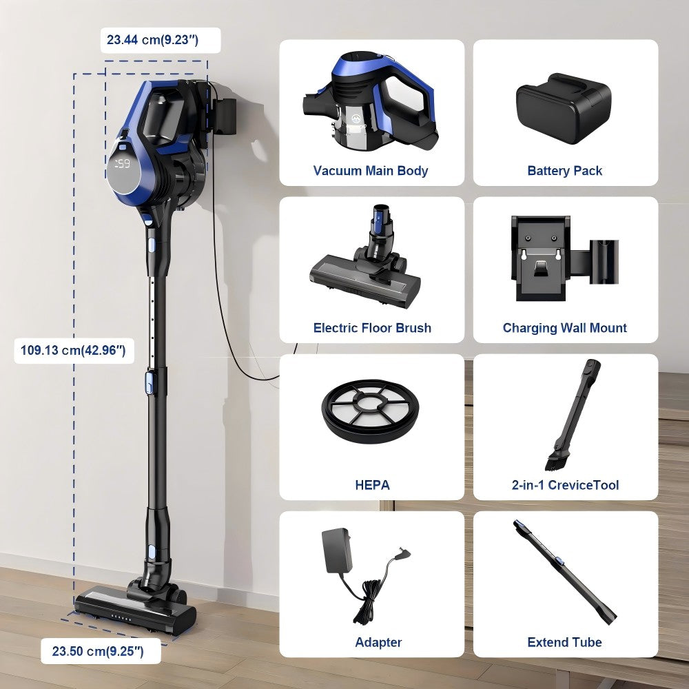 Aspiradora sin cable MOOSOO XC1, succión de 20 kPa, con pantalla LED, autonomía máxima de 45 minutos, aspiradora de varilla de alta succión 6 en 1 con cargador de montaje en pared, para suelos duros, pelo de mascotas, alfombras, uso doméstico y en coche.