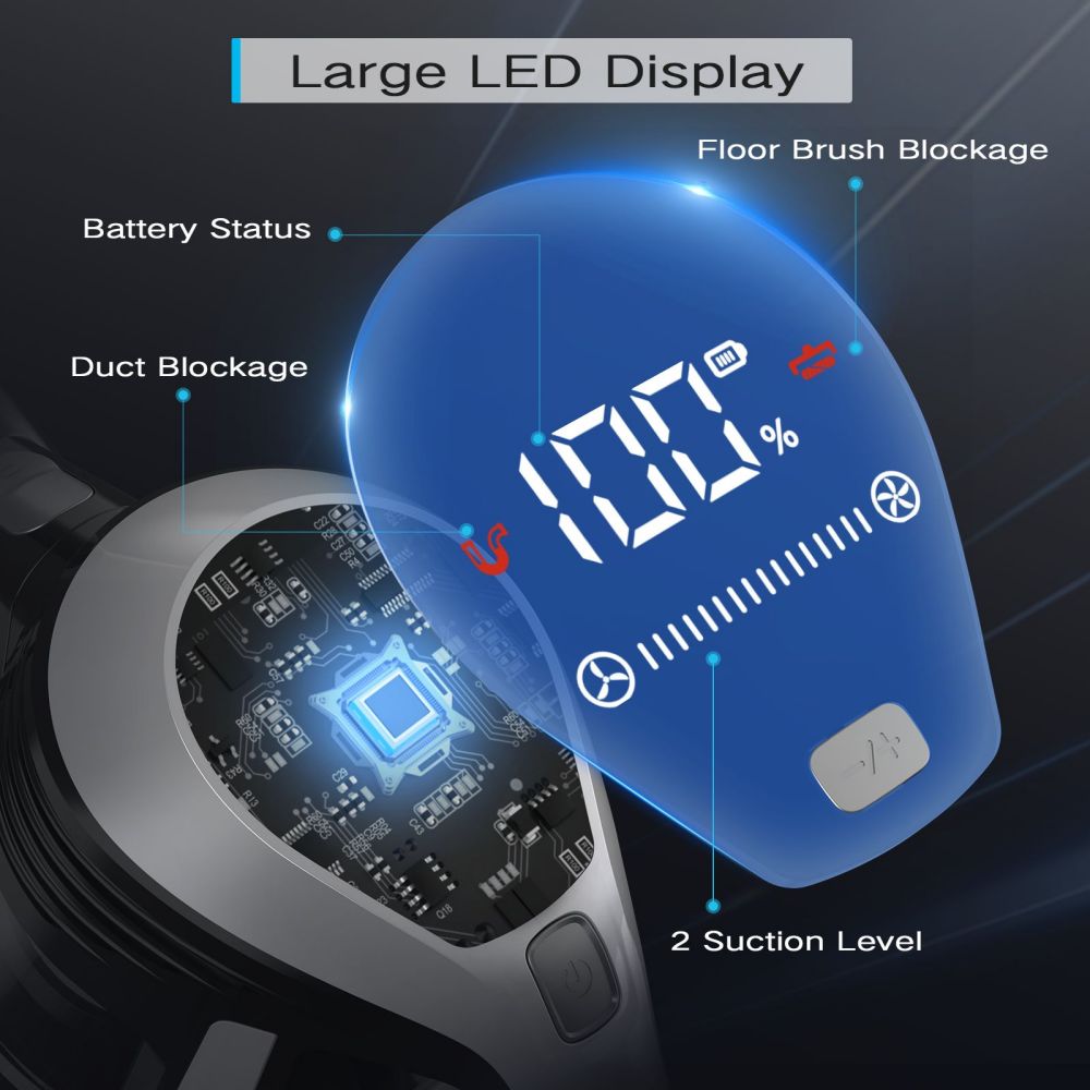 Aspiradora sin cable MOOSOO YC1, alta succión de 12 kPa, hasta 40 minutos de autonomía, pantalla LED, sistema de filtración multiciclónica, depósito de polvo de 0,8 L, cabezal giratorio flexible, luz verde, tubo telescópico ergonómico, para suelos duros, pelo de mascotas y alfombras.