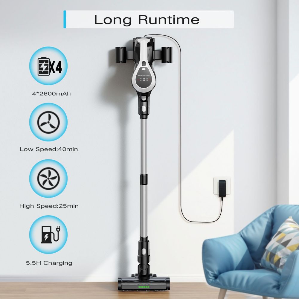 Aspiradora sin cable MOOSOO YC1, alta succión de 12 kPa, hasta 40 minutos de autonomía, pantalla LED, sistema de filtración multiciclónica, depósito de polvo de 0,8 L, cabezal giratorio flexible, luz verde, tubo telescópico ergonómico, para suelos duros, pelo de mascotas y alfombras.