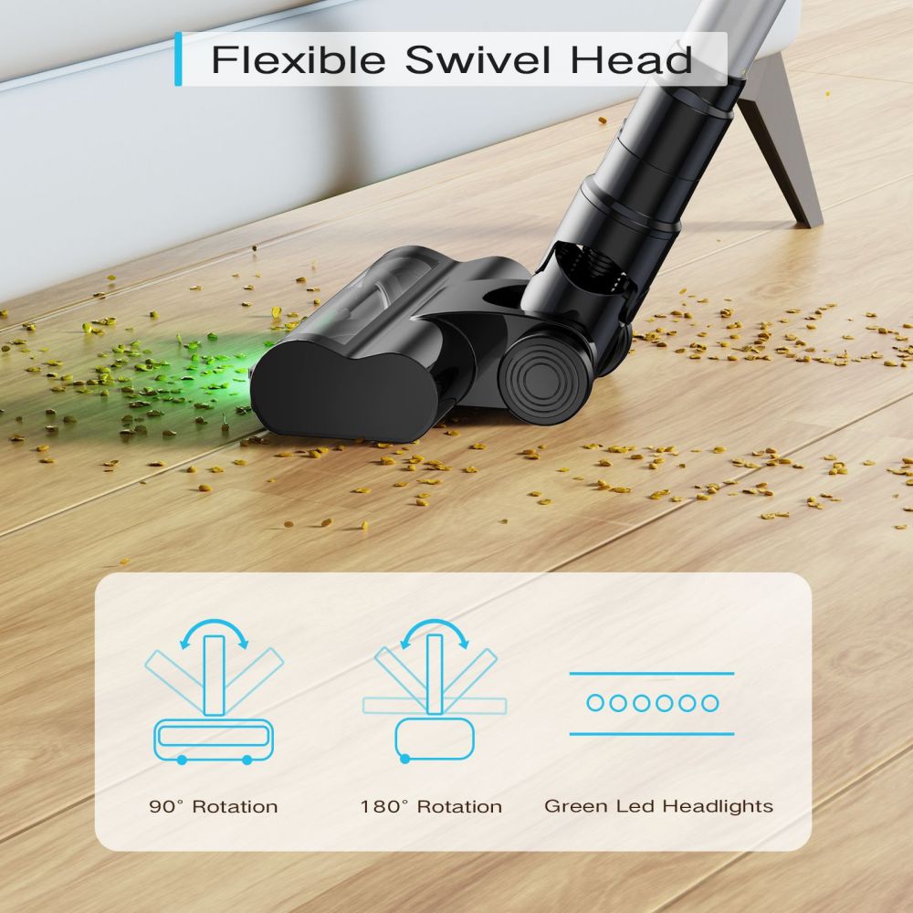 Aspiradora sin cable MOOSOO YC1, alta succión de 12 kPa, hasta 40 minutos de autonomía, pantalla LED, sistema de filtración multiciclónica, depósito de polvo de 0,8 L, cabezal giratorio flexible, luz verde, tubo telescópico ergonómico, para suelos duros, pelo de mascotas y alfombras.