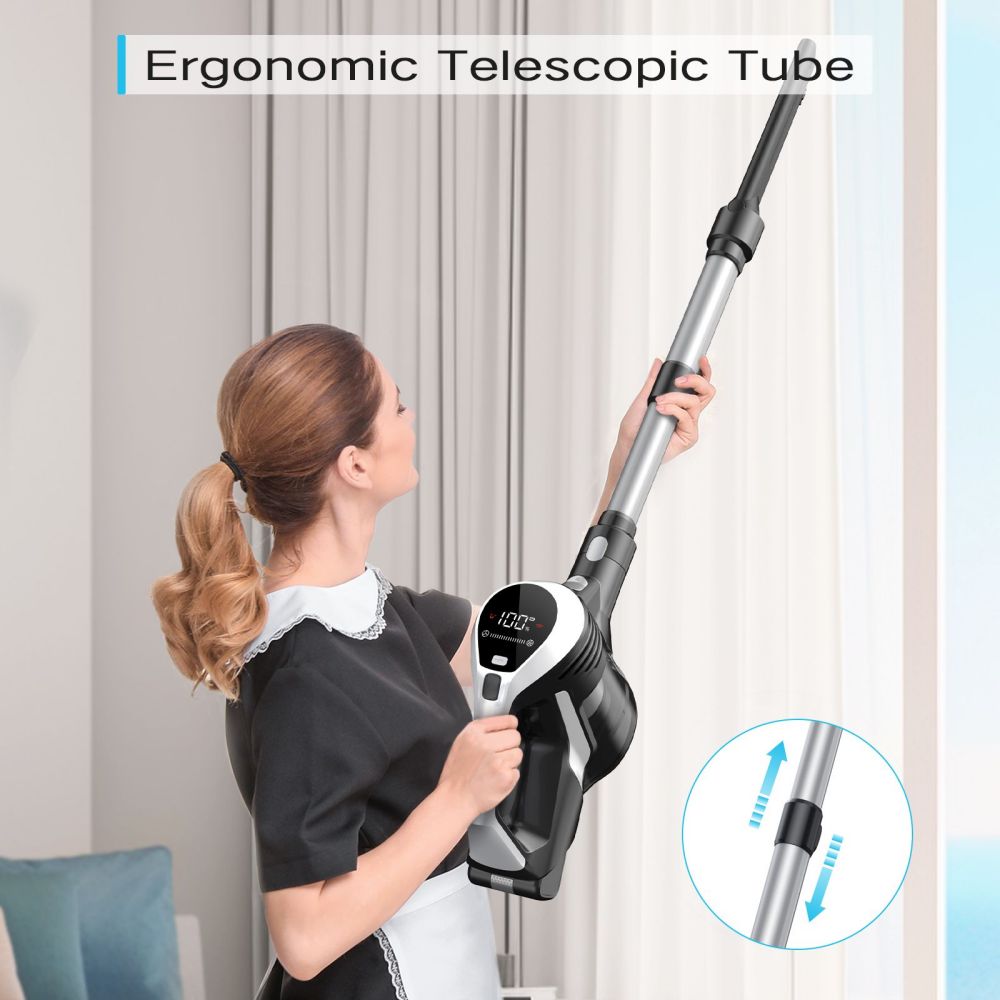 Aspiradora sin cable MOOSOO YC1, alta succión de 12 kPa, hasta 40 minutos de autonomía, pantalla LED, sistema de filtración multiciclónica, depósito de polvo de 0,8 L, cabezal giratorio flexible, luz verde, tubo telescópico ergonómico, para suelos duros, pelo de mascotas y alfombras.