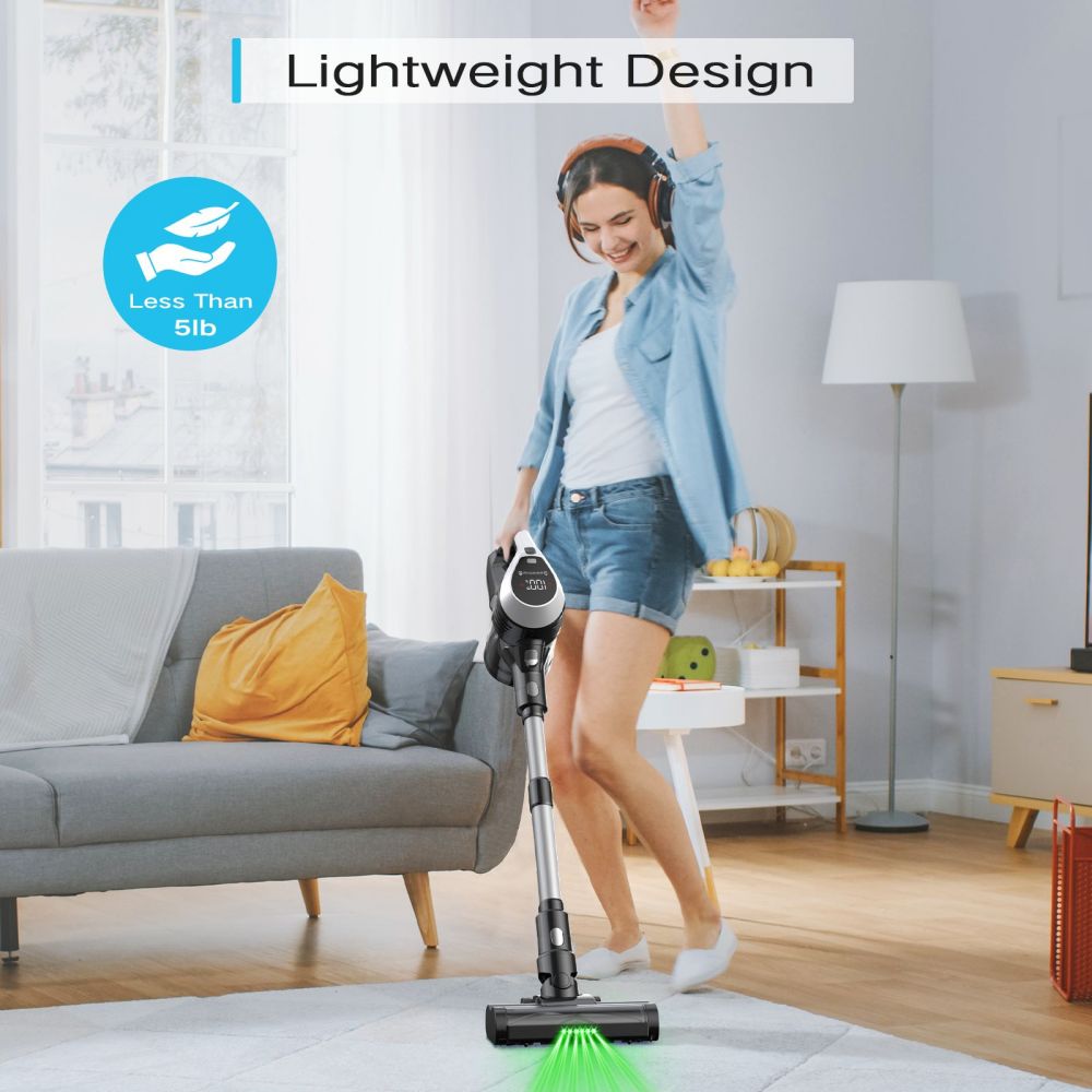 Aspiradora sin cable MOOSOO YC1, alta succión de 12 kPa, hasta 40 minutos de autonomía, pantalla LED, sistema de filtración multiciclónica, depósito de polvo de 0,8 L, cabezal giratorio flexible, luz verde, tubo telescópico ergonómico, para suelos duros, pelo de mascotas y alfombras.