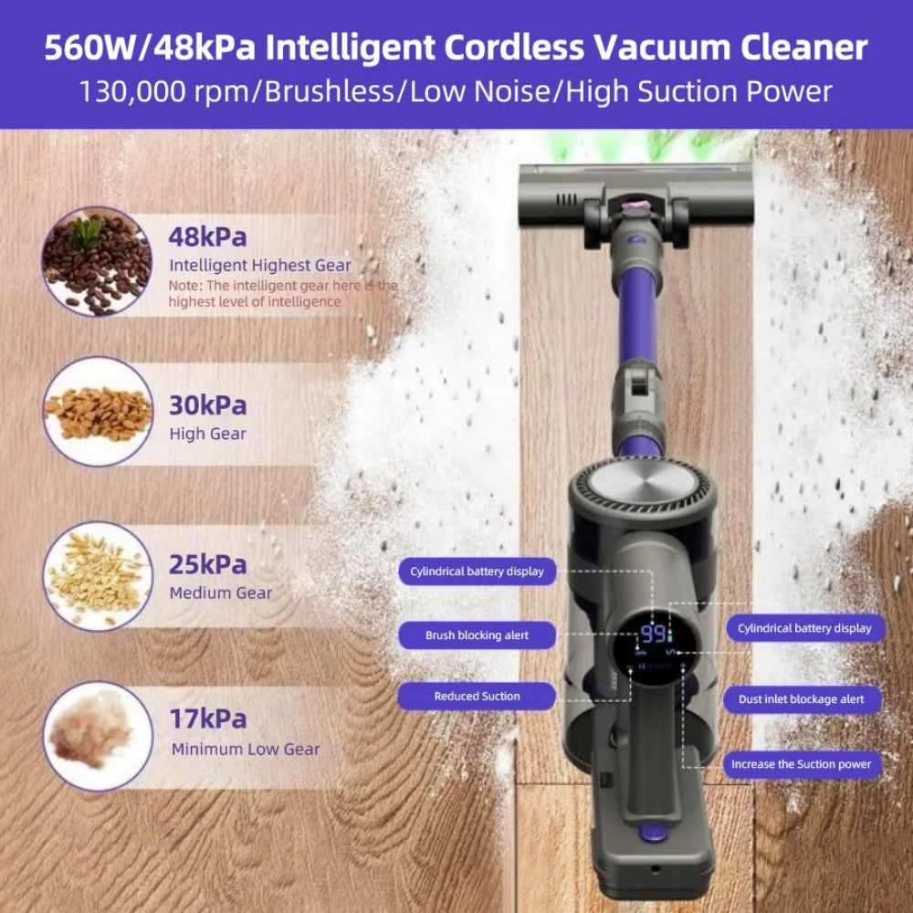 Aspiradora sin cable MOOSOO YG-618-B, rotación flexible de 180°, colgador recargable, alta succión de 48 kPa, cepillo antienredos, pantalla LED, para suelos duros, pelo de mascotas y alfombras, morada.