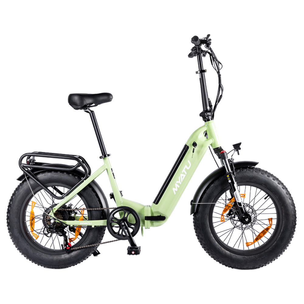 Bicicleta eléctrica MYATU MYT-20XD, motor de 250 W, batería de 36 V 25 Ah, neumático de 20 x 4 pulgadas, velocidad máxima de 25 km/h, autonomía de 100 km, frenos de disco, horquilla de suspensión, SHIMANO de 7 velocidades, pantalla LCD - Verde