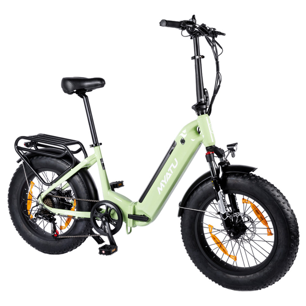 Bicicleta eléctrica MYATU MYT-20XD, motor de 250 W, batería de 36 V 25 Ah, neumático de 20 x 4 pulgadas, velocidad máxima de 25 km/h, autonomía de 100 km, frenos de disco, horquilla de suspensión, SHIMANO de 7 velocidades, pantalla LCD - Verde