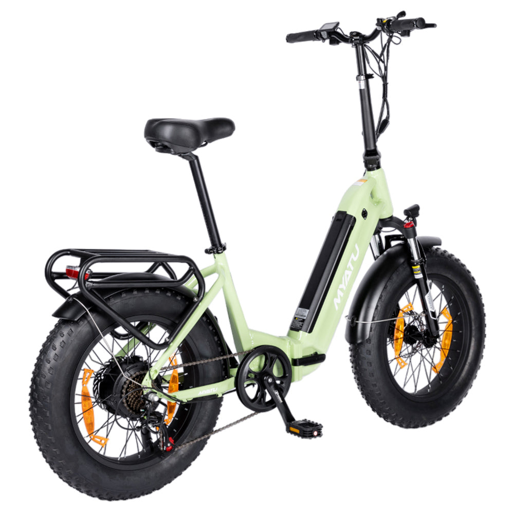 Bicicleta eléctrica MYATU MYT-20XD, motor de 250 W, batería de 36 V 25 Ah, neumático de 20 x 4 pulgadas, velocidad máxima de 25 km/h, autonomía de 100 km, frenos de disco, horquilla de suspensión, SHIMANO de 7 velocidades, pantalla LCD - Verde