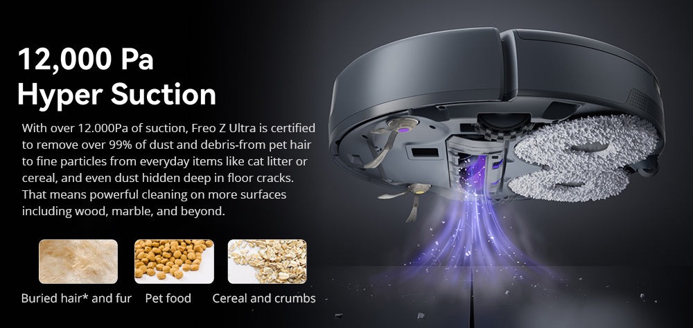Robot aspirador y fregona Narwal Freo Z Ultra con estación base, potencia de 12.000 Pa, autovaciado, cámara dual, antienredos, 120 días sin mantenimiento, elevación automática de la mopa hasta 12 mm, evitación de obstáculos con triple láser, lavado y secado con agua caliente adaptado por IA - Blanco