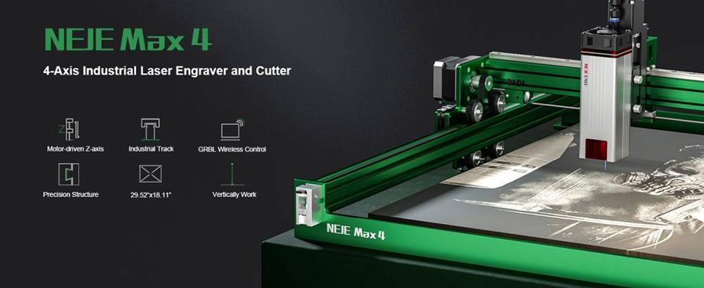 Grabador y cortador láser NEJE Max 4, potencia láser de 11 W, módulo láser E40, asistencia de aire automática, enfoque de 0,06*0,06 mm, control de 4 ejes, control inalámbrico GRBL, controlador de motor eje Z, funciona verticalmente, 750*460 mm