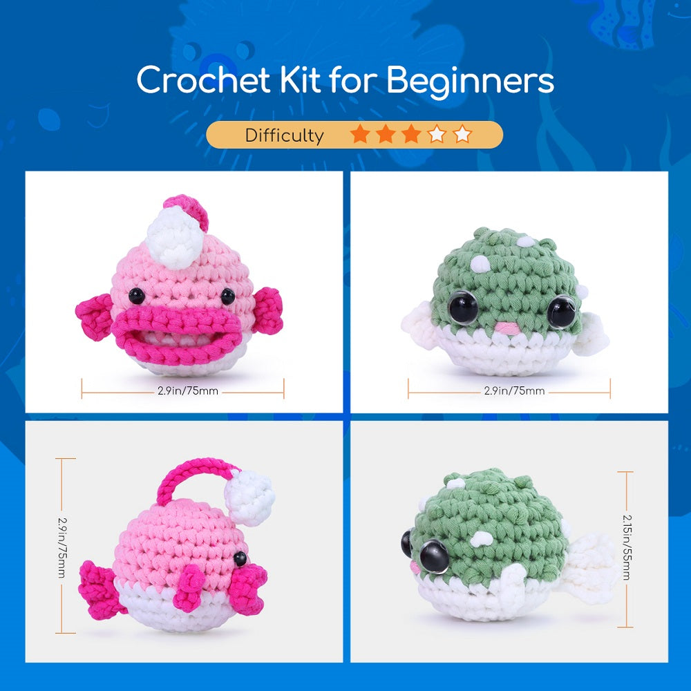 Kit de ganchillo NestledCrafts para principiantes, kit de animales de amigurumi, con tutoriales en vídeo paso a paso - Anglerpuff