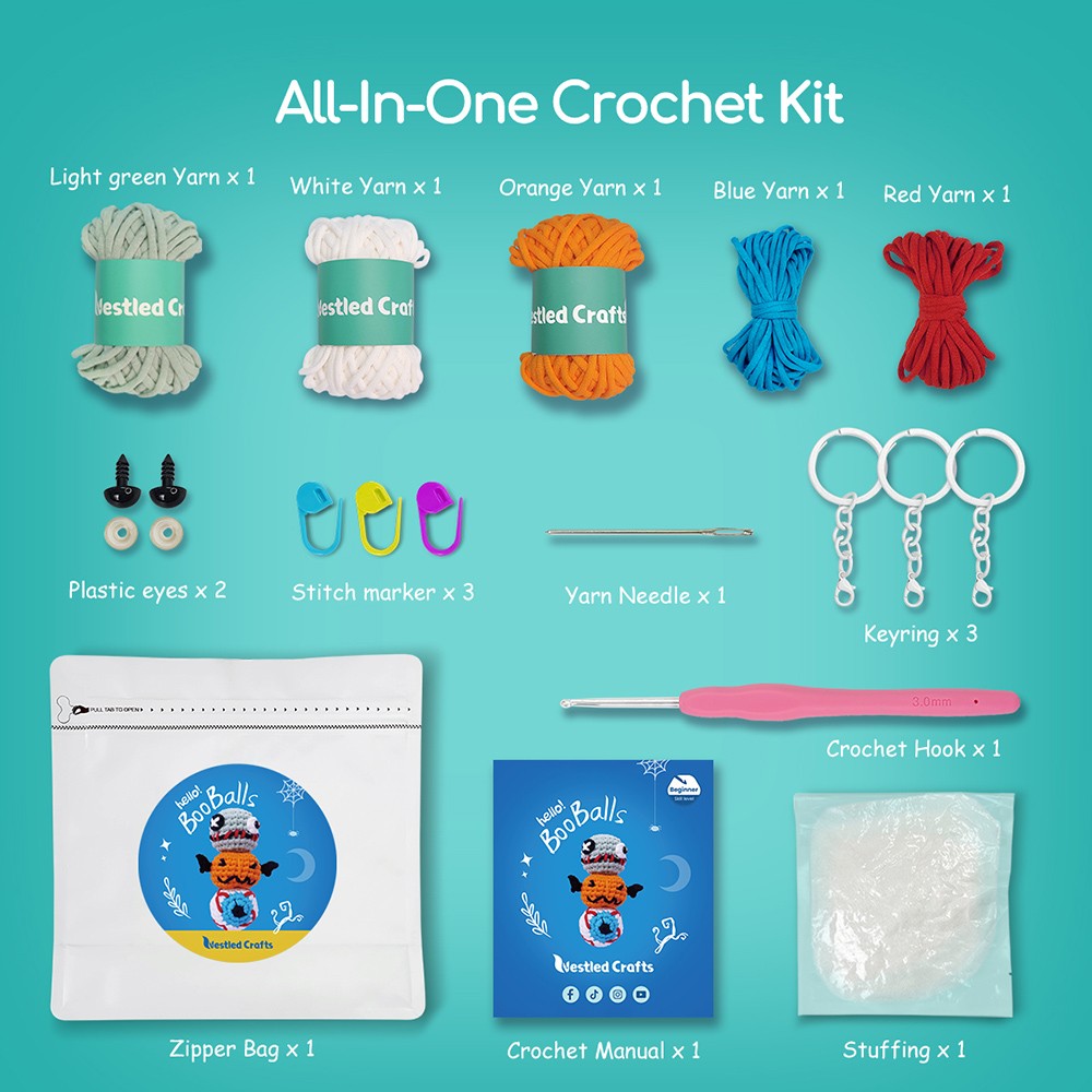 Kit de ganchillo de Halloween para principiantes de NestledCrafts, kit de tejido de amigurumi, con tutoriales en vídeo paso a paso - BooBalls