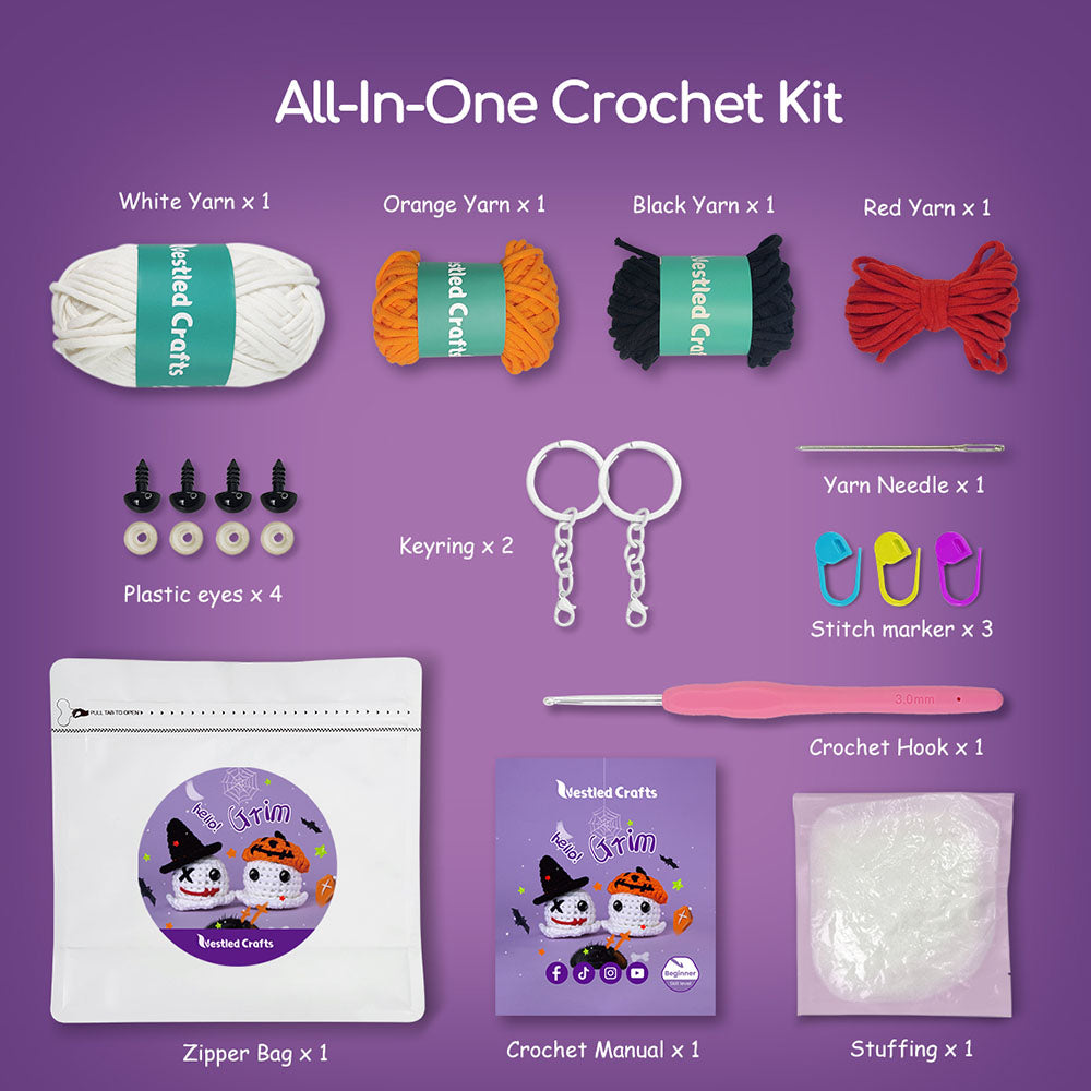 Kit de ganchillo de Halloween para principiantes de NestledCrafts, kit de tejido de amigurumi, con tutoriales en vídeo paso a paso - Grim