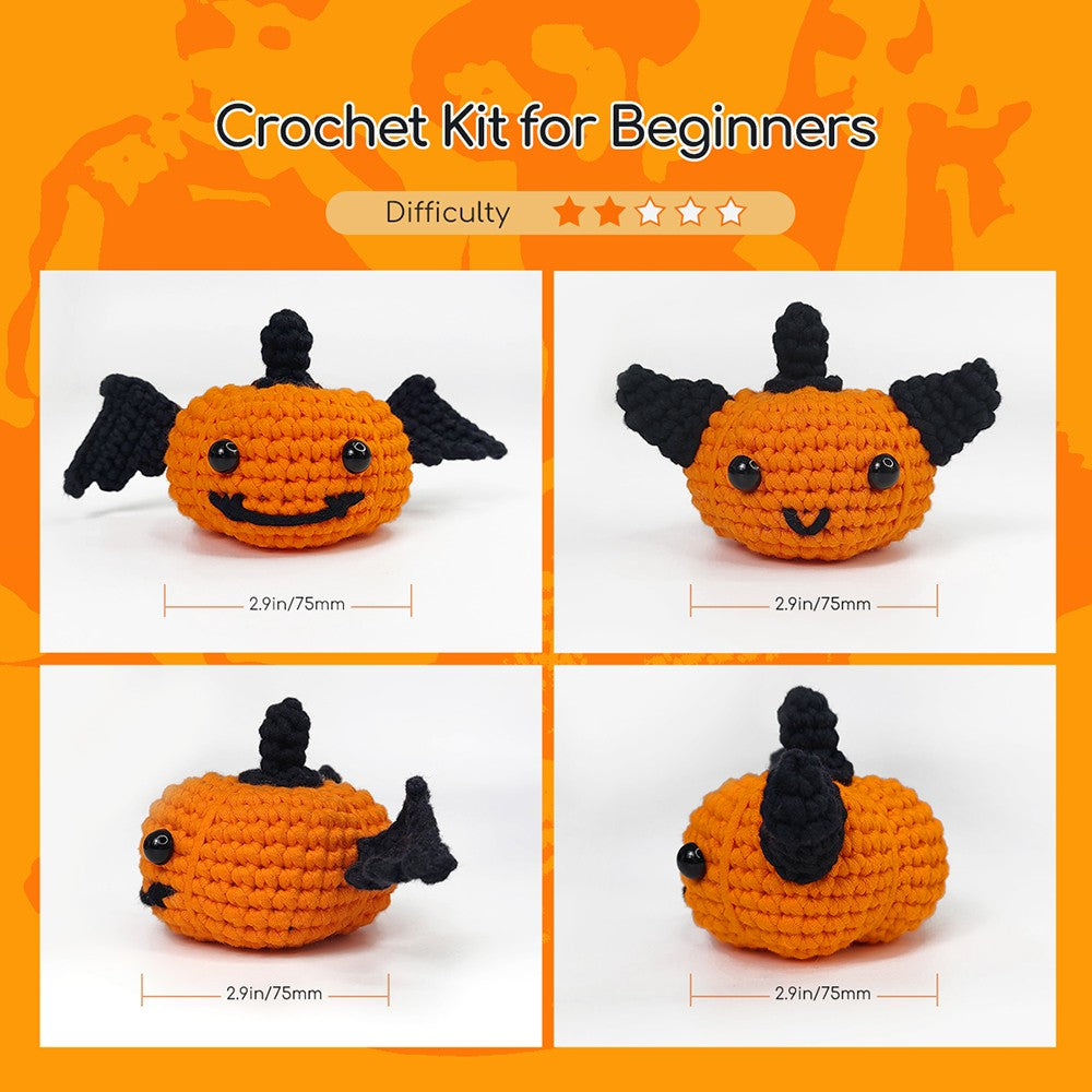 Kit de ganchillo de Halloween NestledCrafts para principiantes, kit de tejido de amigurumi, con tutoriales en vídeo paso a paso - Calabazas