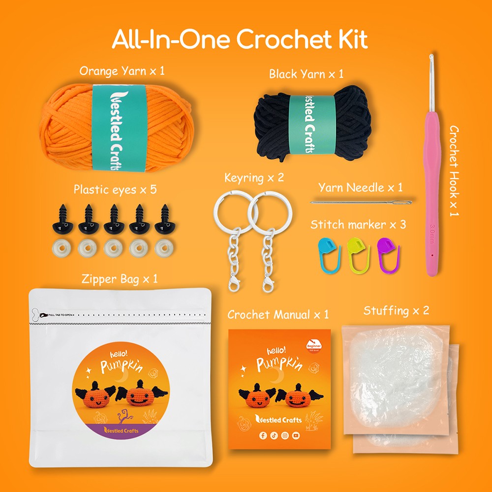 Kit de ganchillo de Halloween NestledCrafts para principiantes, kit de tejido de amigurumi, con tutoriales en vídeo paso a paso - Calabazas
