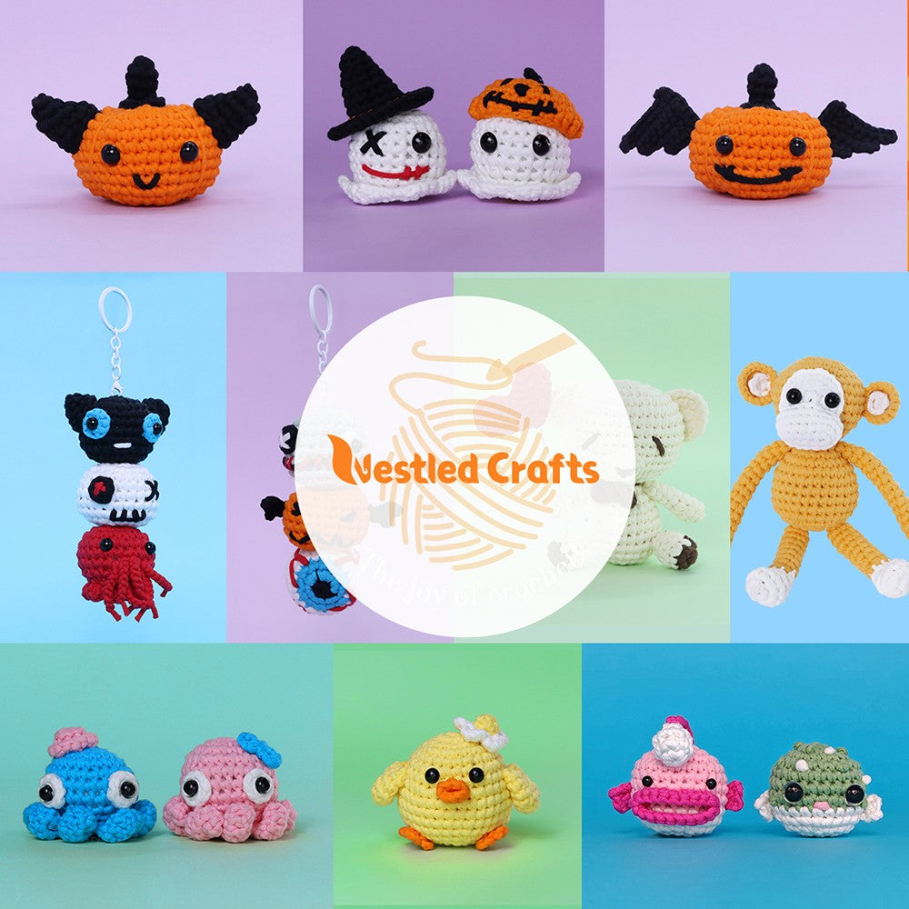 Kit de ganchillo de Halloween NestledCrafts para principiantes, kit de tejido de amigurumi, con tutoriales en vídeo paso a paso - Calabazas
