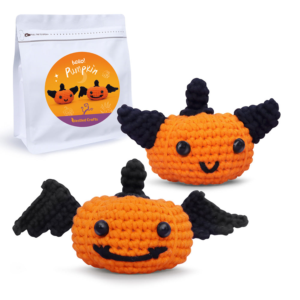 Kit de ganchillo de Halloween NestledCrafts para principiantes, kit de tejido de amigurumi, con tutoriales en vídeo paso a paso - Calabazas