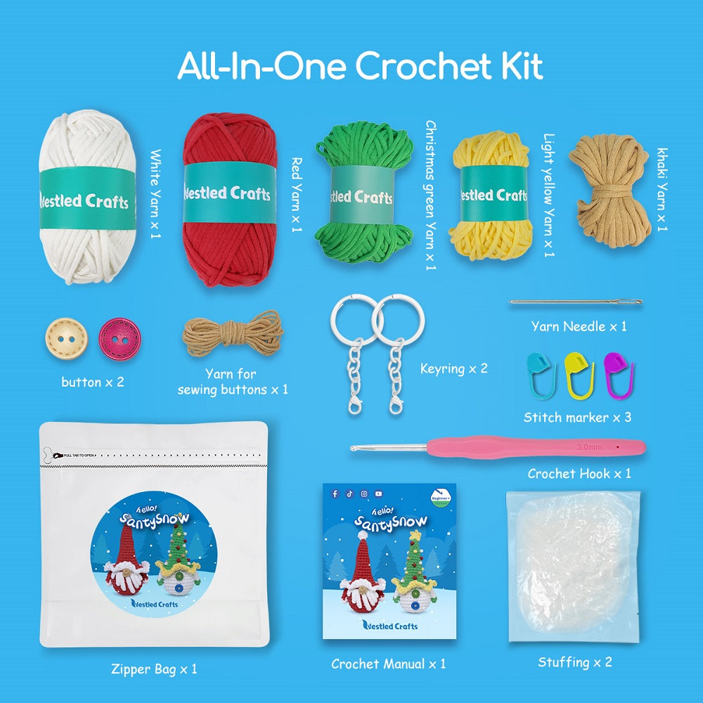 Kit de crochet navideño NestledCrafts para principiantes, kit de tejido amigurumi, con tutoriales en vídeo paso a paso - SantySnow