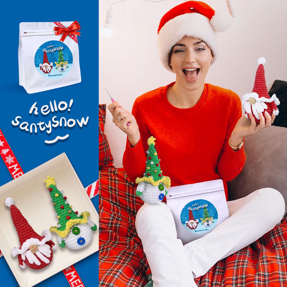 Kit de crochet navideño NestledCrafts para principiantes, kit de tejido amigurumi, con tutoriales en vídeo paso a paso - SantySnow